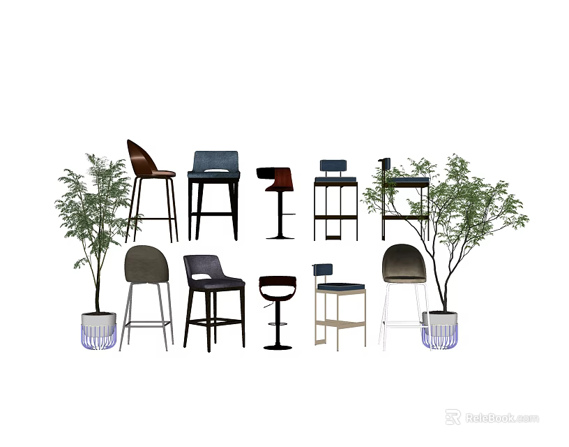 Modern Stylish Bar Stools In Various Designs With Potted Plants 3d model