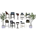 Modern Stylish Bar Stools In Various Designs With Potted Plants 3d model