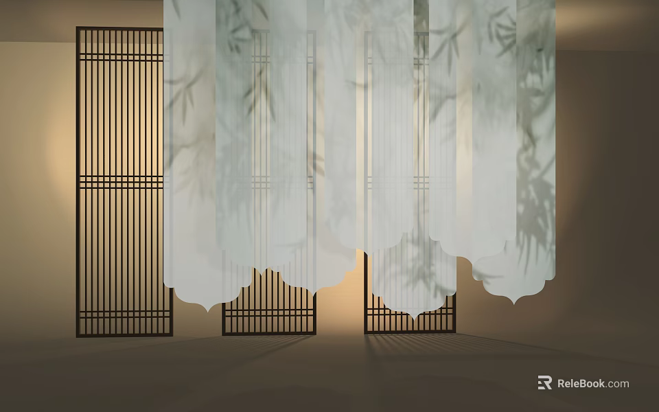 Elegant Ceiling Drapery With Bamboo Leaf Patterns And Wooden Screen In Soft Lighting Ambiance 3d model 