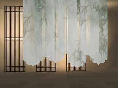 Elegant Ceiling Drapery With Bamboo Leaf Patterns And Wooden Screen In Soft Lighting Ambiance 3d model