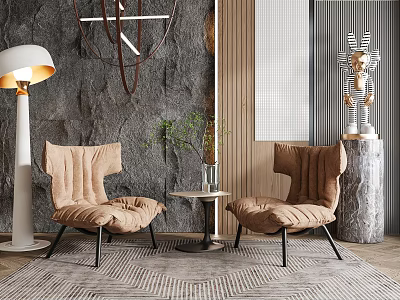 Casual Beige Plush Sofa Set With Side Table Green Plant Floor Lamp And Modern Decor 3d model