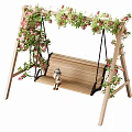 Garden Wooden Swing Play Equipment Adorned With Green Vines And Pink Flowers