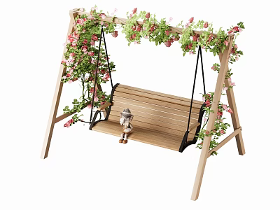 Garden Wooden Swing Play Equipment Adorned With Green Vines And Pink Flowers 3d model