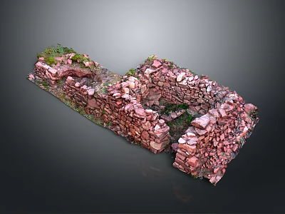 Ancient Stone Wall Ruins Structure With Pink Stones And Green Plants 3d model