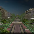 Elegant Terraced Townhouses With Symmetrical Garden Lush Greenery Paved Pathway And Central Fountain