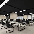Modern Public Office Space With Desks Computers Chairs Black Ceiling And Linear Lights 3d model