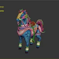 Blue Military Vehicle Horse With Pink Mane Tail Golden Decorations And Red Gemstone Saddle