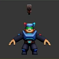 3D Model of Cat Character in Blue Uniform with Green Goggles and Floating Gun