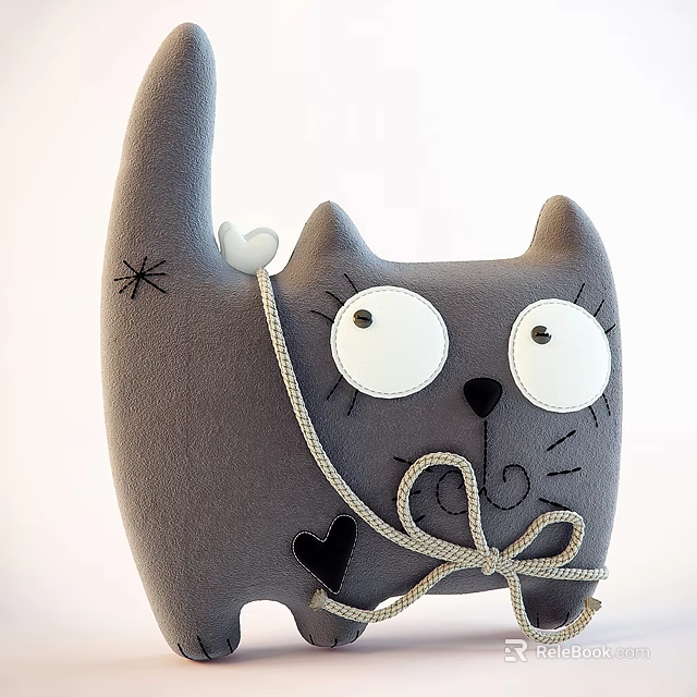Gray Cat Doll with Big Round Eyes Heart Decorations Tied Bow and Soft Tail 3d model 