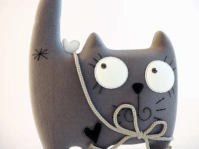 Gray Cat Doll with Big Round Eyes Heart Decorations Tied Bow and Soft Tail 3d model