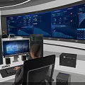 Modern Office Workstation With Computer And Large Blue Data Screens Showing Charts And Analytics 3d model