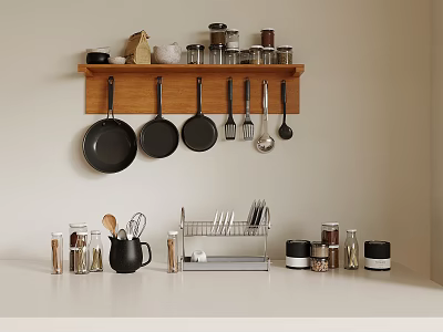 Kitchen Wall Mounted Shelf With Hanging Pans Utensils And Countertop Spice Jars 3d model