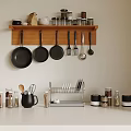 Kitchen Wall Mounted Shelf With Hanging Pans Utensils And Countertop Spice Jars