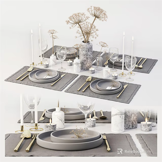 Modern Grey Gold Tableware Set With Ceramic Plates Cutlery Placemats And Candles 3d model 