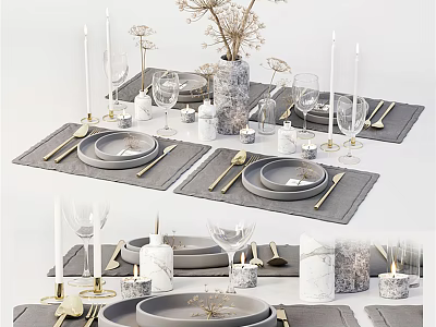 Modern Grey Gold Tableware Set With Ceramic Plates Cutlery Placemats And Candles 3d model