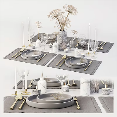 Modern Grey Gold Tableware Set With Ceramic Plates Cutlery Placemats And Candles 3d model