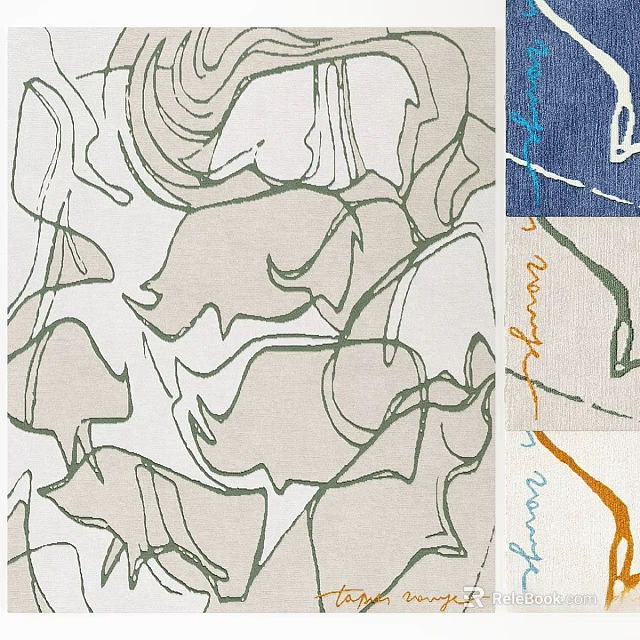 Abstract Square Area Rug With Curved Lines Animal Silhouettes Neutral Beige Green Blue Orange Tones 3d model 
