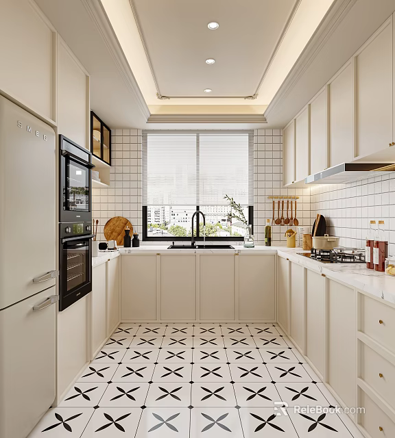 Modern Kitchen Interior With White Cabinets Countertops Black Appliances And Checkerboard Floor Tiles 3d model 