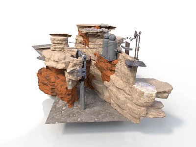 Layered Rock Formation Scene With Orange Beige Textures And Metal Components 3d model