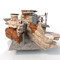 Layered Rock Formation Scene With Orange Beige Textures And Metal Components