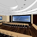 Spacious Conference Room Featuring Rows of Chairs Large Screen World Maps Circular Ceiling Wooden Flooring