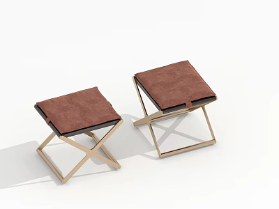 Two Modern Minimalist Stools With Brown Upholstered Seats And Cross Metal Legs 3d model