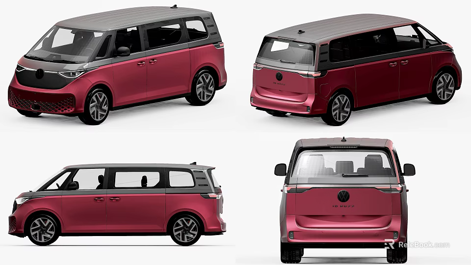 Red Volkswagen Minivan Exterior Design With Front Side And Rear Views 3d model 