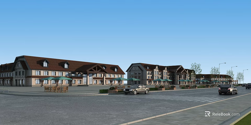 Commercial Street With Brown Roof Buildings Parking Lot Car Green Plants And Outdoor Umbrellas 3d model 