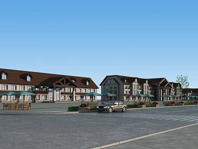 Commercial Street With Brown Roof Buildings Parking Lot Car Green Plants And Outdoor Umbrellas 3d model