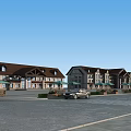 Commercial Street With Brown Roof Buildings Parking Lot Car Green Plants And Outdoor Umbrellas