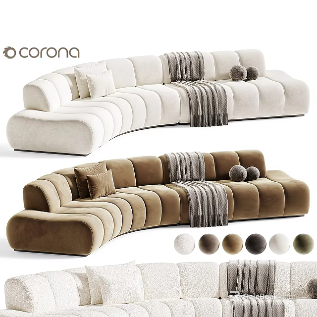 Curved Sectional Sofa In Cream And Brown With Pillows Throw Blanket And Round Decor 3d model 