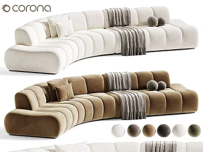 Curved Sectional Sofa In Cream And Brown With Pillows Throw Blanket And Round Decor 3d model
