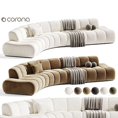 Curved Sectional Sofa In Cream And Brown With Pillows Throw Blanket And Round Decor 3d model