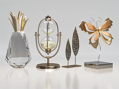 Elegant Decorative Ornament Set with Crystal Pineapple Metal Hourglass Metal Leaves and Metal Butterfly 3d model