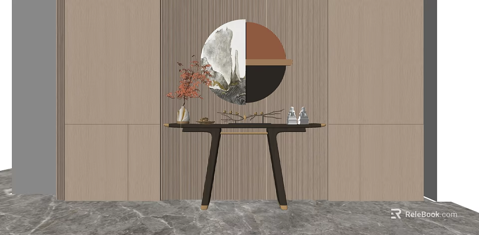 Stylish Console Table With Circular Decor And Dried Flowers On Wooden Striped Wall 3d model 