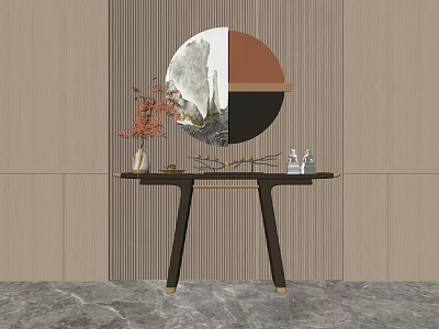 Stylish Console Table With Circular Decor And Dried Flowers On Wooden Striped Wall 3d model