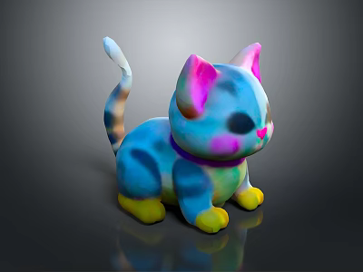 Colorful Striped Cat Toy Figure With Pink Ears Blue Body Yellow Paws And Purple Collar 3d model
