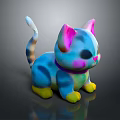 Colorful Striped Cat Toy Figure With Pink Ears Blue Body Yellow Paws And Purple Collar