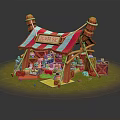 Toy Stall Scene With Red And White Striped Canopy Wooden Structure And Toys