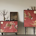 Chinese Style Red Console and Side Cabinet with Golden Crane Pattern and Decorative Black Legs