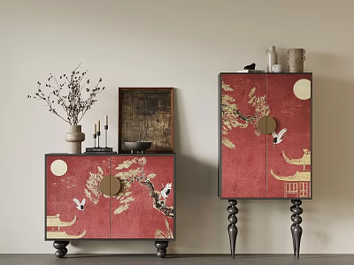 Chinese Style Red Console and Side Cabinet with Golden Crane Pattern and Decorative Black Legs 3d model