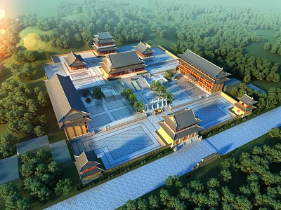 Ancient Chinese Architecture Complex With Symmetrical Courtyard Layout Surrounded by Lush Green Trees 3d model