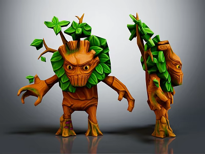 3D Fantasy Tree Creature Character With Green Leaves And Brown Trunk In Two Poses 3d model