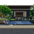 Chinese Style Sales Office Building With Wooden Pergola And Landscaped Garden