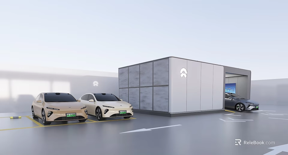 Two White Electric Cars Parked Near Modern Charging Station in Parking Lot 3d model 