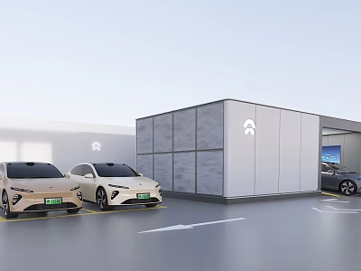 Two White Electric Cars Parked Near Modern Charging Station in Parking Lot 3d model