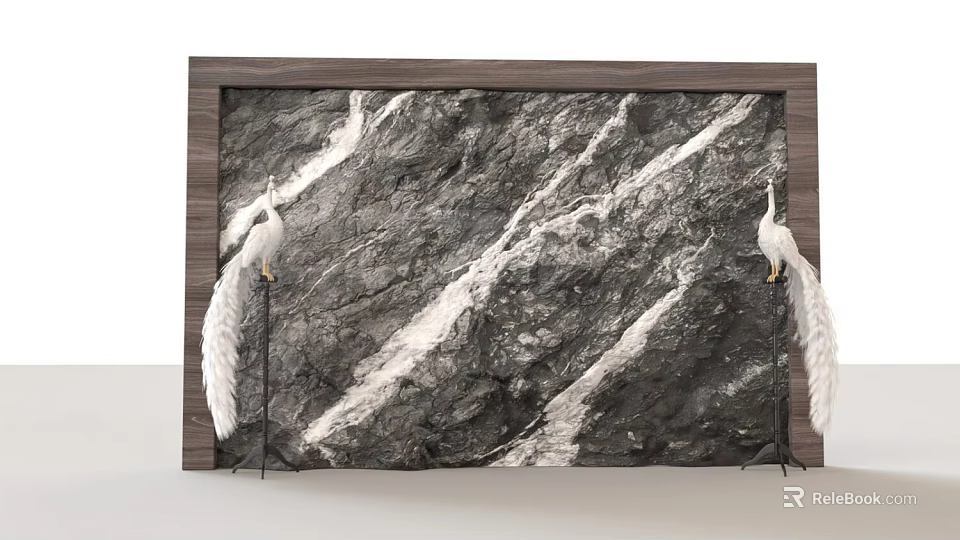 Marble Texture Background Wall With Wooden Frame And White Peacock Ornaments 3d model 