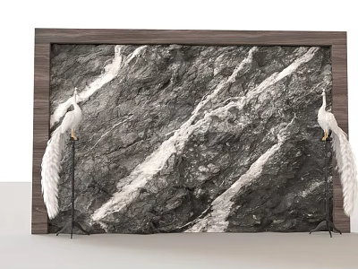Marble Texture Background Wall With Wooden Frame And White Peacock Ornaments 3d model