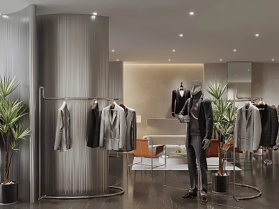 Elegant Modern Clothing Store Interior With Mannequin Suits Coats On Racks And Plants 3d model