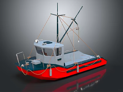 Small Red And Gray Work Boat With Cabin Flat Deck Mast And Ropes 3d model